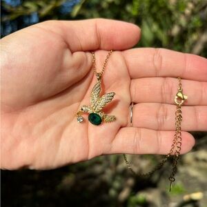 18K Gold Plated Stainless Steel Hummingbird with Emerald Green Diamond Necklace